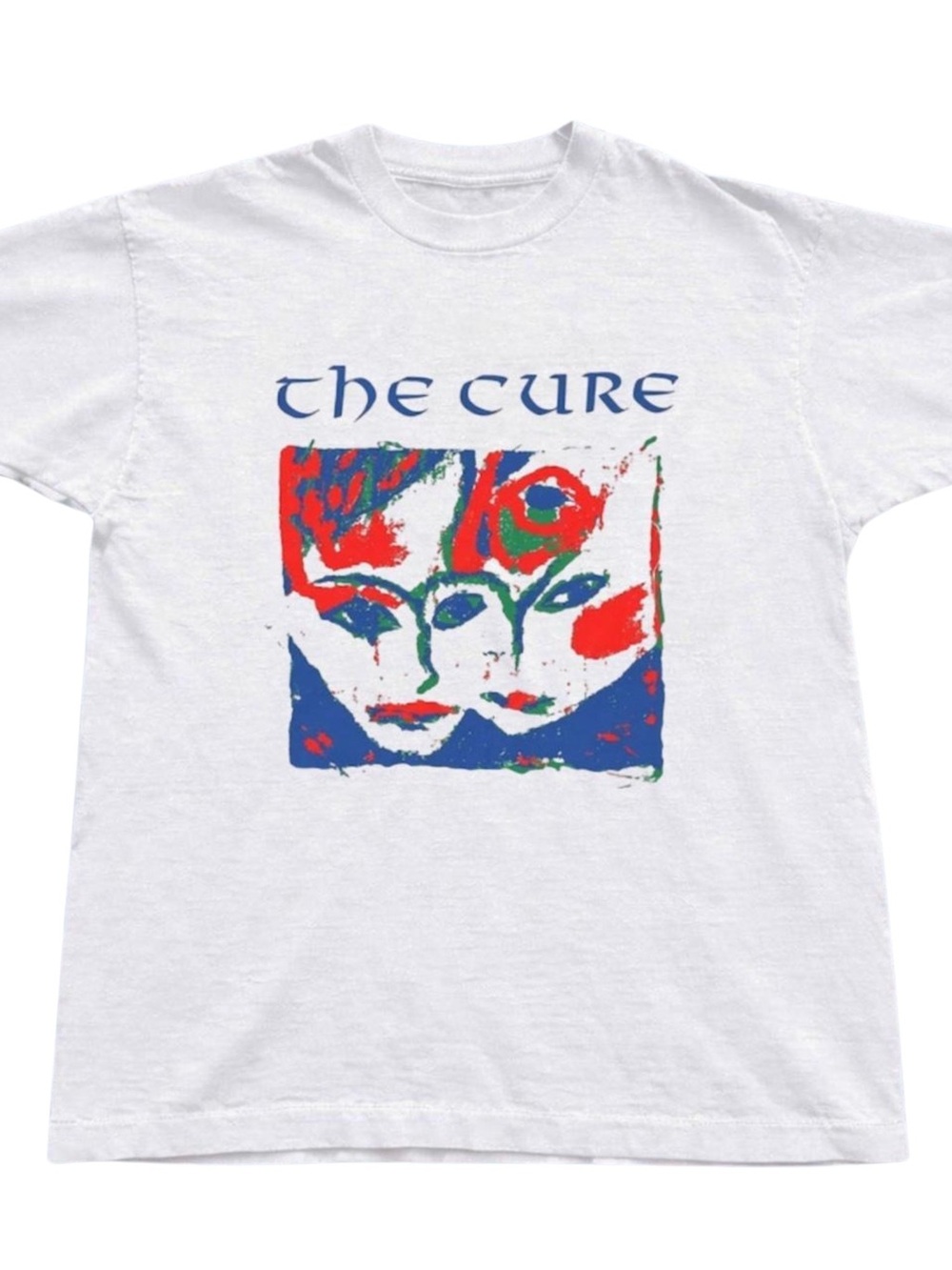Gildan White The Cure Graphic Tee with Red, Blue & Green Print, Gift For Her,Him